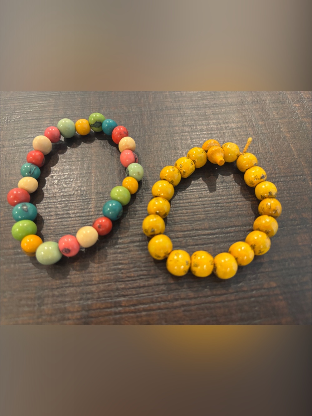 Set of 2 Handmade Beaded Stretch Bracelets - Yellow Script & Multicolor Pattern